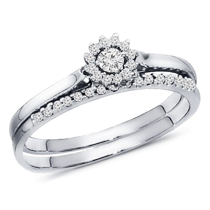 0.35 Carat Brilliant Round Flower Halo Diamond Engagement Wedding Ring Set