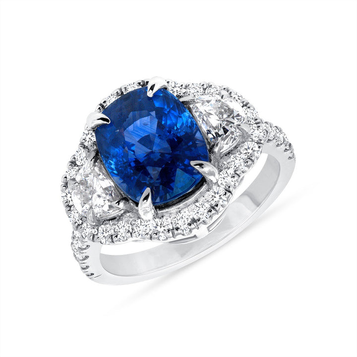 Halo Design 2 Ct. Tw. Oval Cut Natural Blue Sapphire with 1.25 Ct. Tw. Half Moon and Round Cut Side Diamond Ring