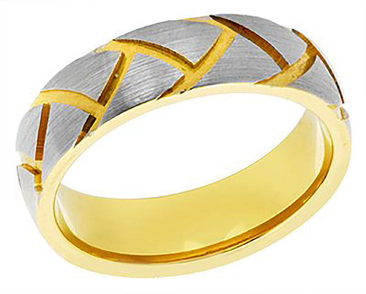 6MM Two Tone Gold Wheel Stencil Cut Design Wedding Band