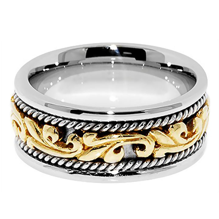 8MM Two Tone Gold Antique Leaf Design with Rope Wedding Band