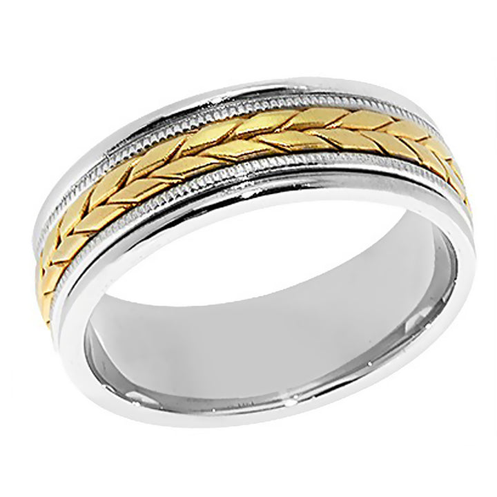 8MM Two Tone Gold Subtle Hand Braid with Milgrain Wedding Band