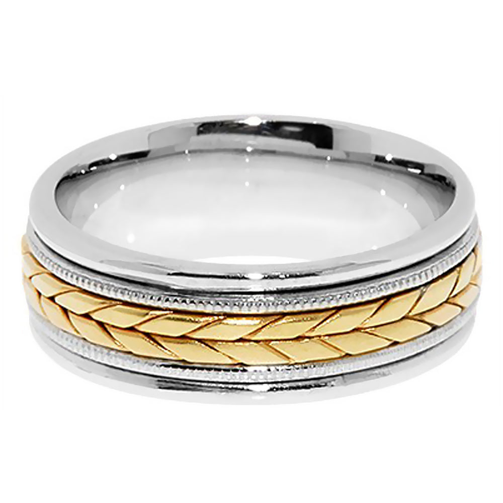 8MM Two Tone Gold Subtle Hand Braid with Milgrain Wedding Band