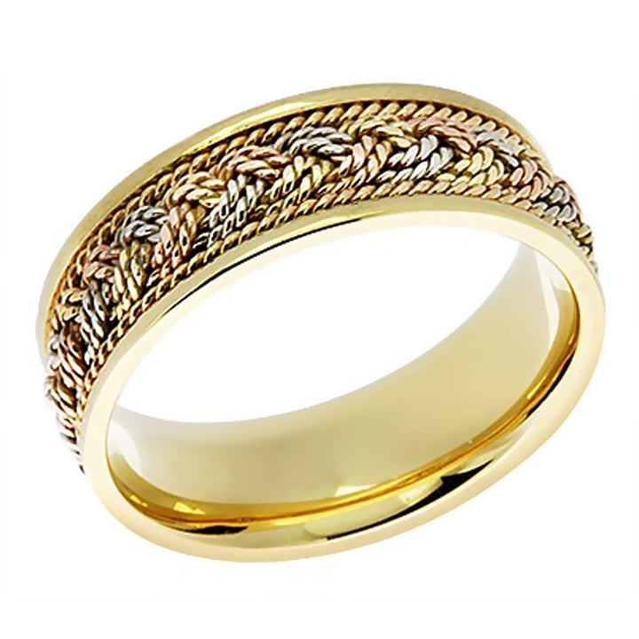 8MM All Rope Hand Braided Tri-Color Gold Wedding Band