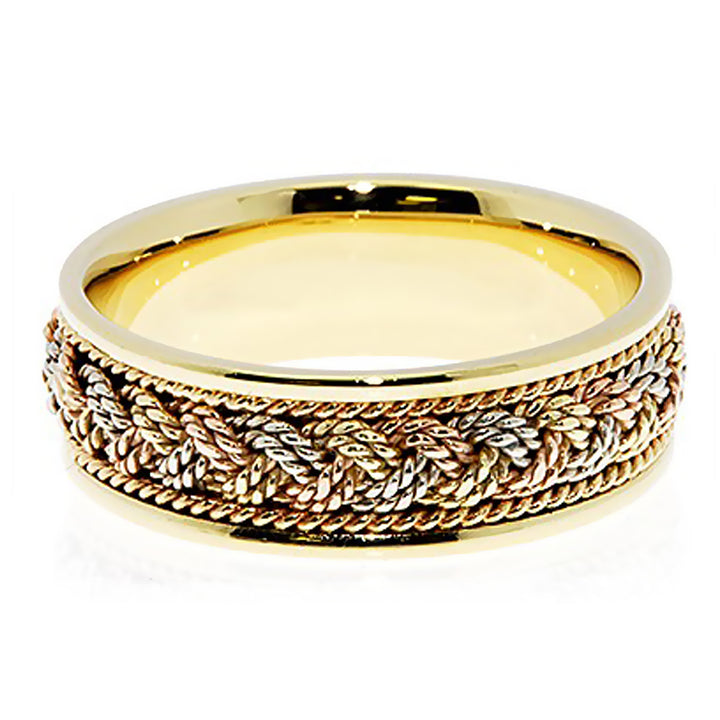 8MM All Rope Hand Braided Tri-Color Gold Wedding Band